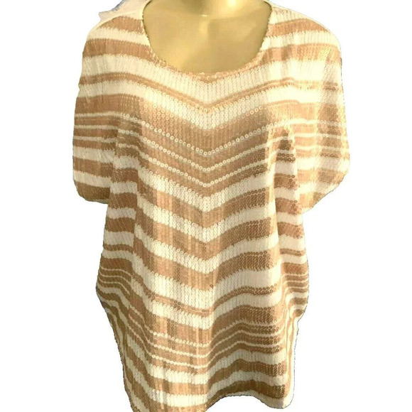 Worthington XL Carmel Striped Sequin Scoop Neckline Curved Hem Short Sleeve Top - Picture 2 of 6